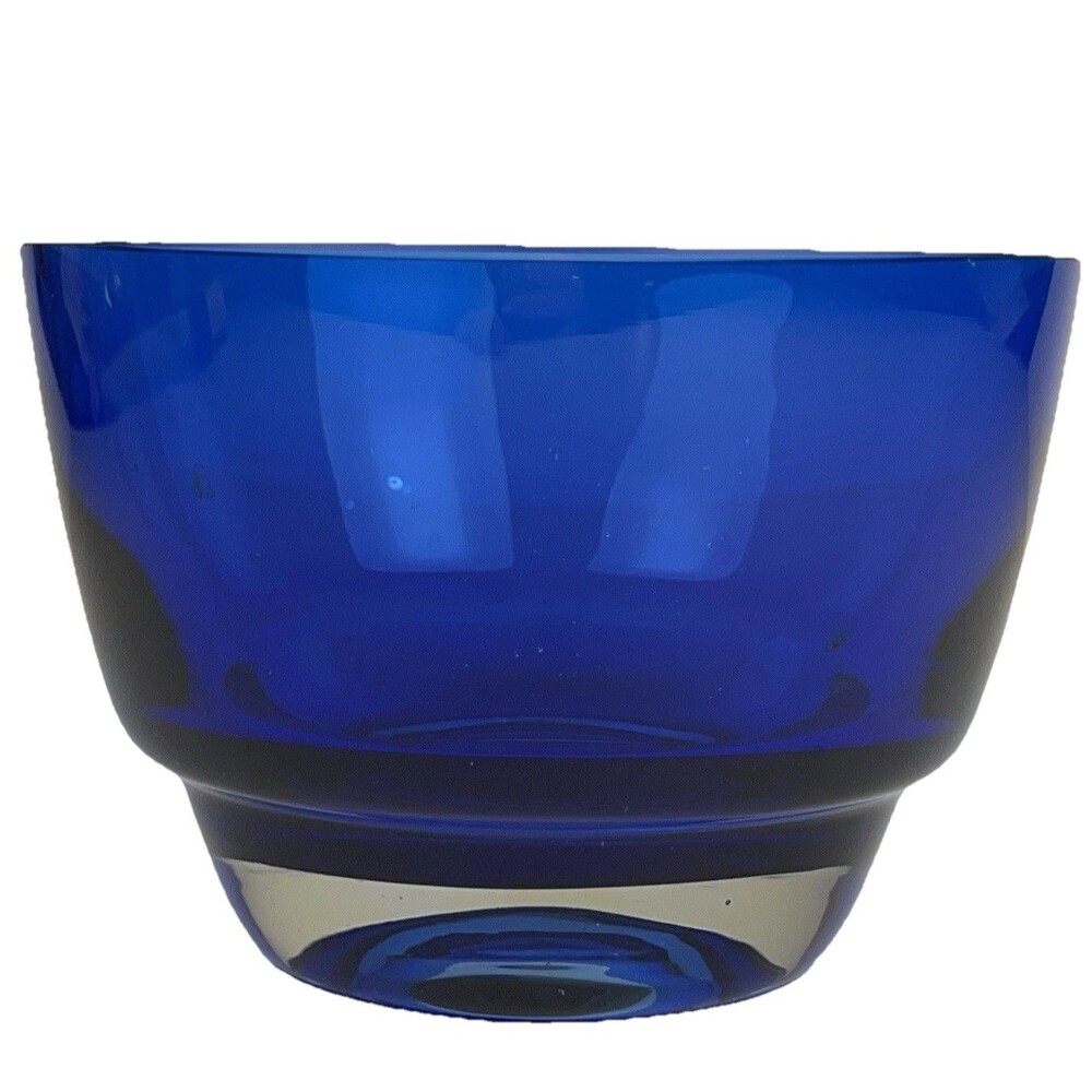 Vintage Cobalt Blue Art Glass Bowl Heavy Clear Base Hand Blown 4x6" Candy Dish